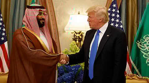In this photo from May 20, 2017, US President Donald Trump shakes hands with Saudi Deputy Crown Prince and Defense Minister Mohammed bin Salman during a bilateral meeting, in Riyadh.