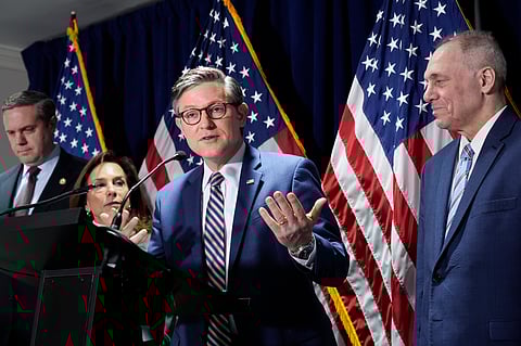 House Speaker Mike Johnson, R-La., center, joined from left by Rep. Jeff Hurd, R-Colo., Republican Conference Chair Lisa McClain, R-Mich., and House Majority Leader Steve Scalise, R-La., during a news conference at the Republican National Committee headquarters in Washington