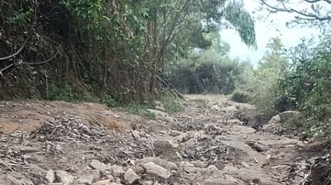 Road to the tribal settlements in Vattavada, which lies in a deplorable condition