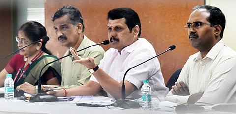 Electricity Minister V Senthilbalaji listens during the review meeting in Chennai