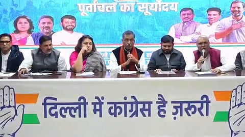 Congress leaders Akhilesh Prasad Singh, Supriya Shrinate, Kanhaiya Kumar, and Pranav Jha address a press conference at the DPCC office in New Delhi, Friday, Jan. 24, 2025.