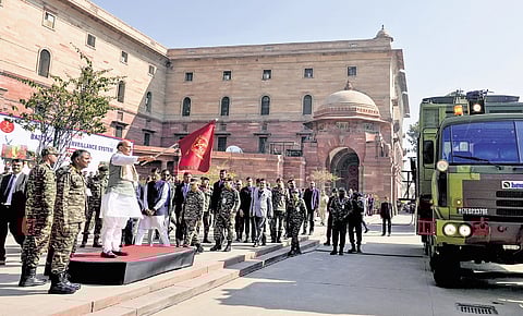 Defence Minister Rajnath Singh flags off ‘Sanjay’ battlefield surveillance system at South Block in New Delhi on Friday.