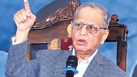 Infosys co-founder N R Narayana Murthy interacts with the audience after delivering a lecture at Tumkur University on Saturday