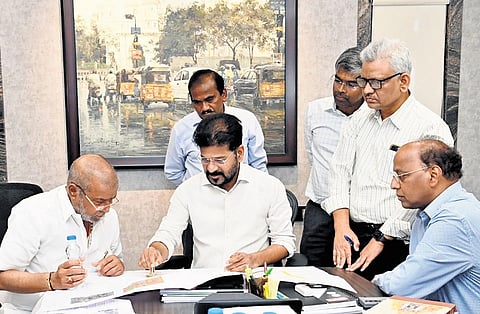 Chief Minister A Revanth Reddy during a review meeting on the construction of new Osmania Hospital buildings, at his residence on Saturday