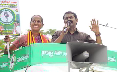 Naam Tamilar Katchi Chief Coordinator Seeman along with NTK candidate MK Seethalakshmi engaged in a campaign.