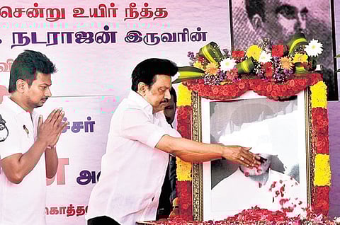 CM MK Stalin paying floral tributes at the memorial of Anti-Hindi martyrs in Chennai on Saturday