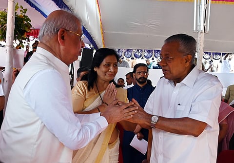 Governor Rajendra Vishwanath Arlekar and his wife with Chief Minister Pinarayi Vijayan during the Republic Day celebrations at Central Stadium in Thiruvananthapuram