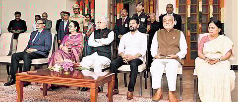 Governor Jishnu Dev varma , CM Revanth reddy along with other guests at Raj Bhavan during the AT HOME on the occassion of Republic day celebrations
