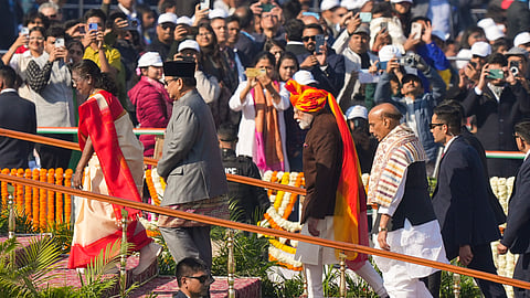 President Droupadi Murmu, Prime Minister Narendra Modi, Union Defence Minister Rajnath Singh and Indonesian President Prabowo Subianto arrive during the 76th Republic Day parade, in New Delhi, Sunday, Jan. 26, 2025.