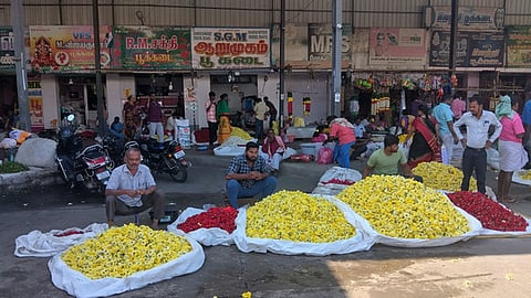 Flower market operating in the Dharmapuri town bus stand.