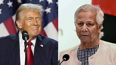 A collage of US President Donald Trump (L) and Chief Adviser of Bangladesh's interim government Muhammad Yunus (R).