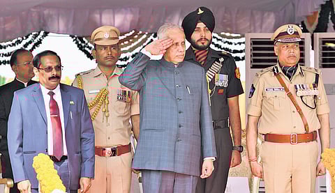 Governor S Abdul Nazeer takes the salute at the 76th Republic Day parade at the IGMC Stadium in Vijayawada on Sunday
