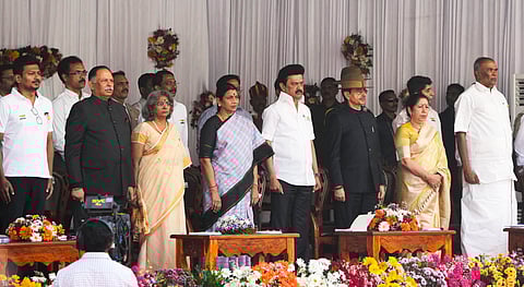 Tamil Nadu Governor RN Ravi with Chief Minister MK Stalin during Republic Day celebrations, at Marina Beach in Chennai