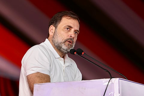 LoP in the Lok Sabha and Congress leader Rahul Gandhi addresses a gathering during the 'Jai Bapu, Jai Bhim, Jai Samvidhan' rally, in Mhow, Madhya Pradesh.