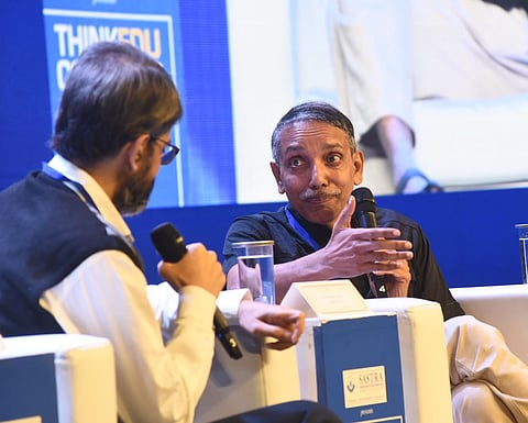 M Jagadesh Kumar, Chairman, UGC, in conversation with Prof S Vaidhyasubramaniam, VC, SASTRA University (Express Photo | P Jawahar)