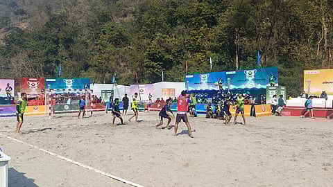 Beach handball underway at Shivpuri river beach near Rishikesh