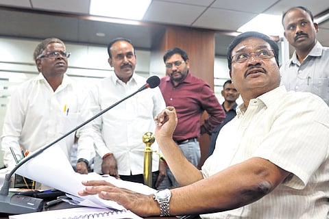 HYDRAA Commissioner AV Ranganath interacts with a complainant during the Prajavani programme in Hyderabad on Monday