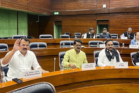 TMC's Kalyan Banerjee, DMK's A Raja, Shiv Sena UBT's Arvind Sawant, and DMK's Mohamed Abdulla during a meeting of the Joint Parliamentary Committee on the Waqf (Amendment) Bill, in New Delhi.