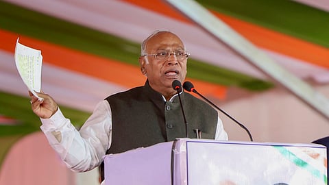 Congress president Mallikarjun Kharge addressing the Jai Bapu, Jai Bhim, Jai Samvidhan' rally in BR Ambedkar's hometown Mhow, Madhya Pradesh.