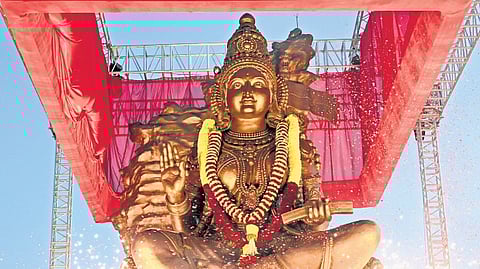 The bronze statue of Nadadevi Bhuvaneshwari was unveiled on the Vidhana Soudha premises in Bengaluru on Monday.