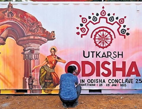Preparation underway at Janata Maidan on the eve of Utkarsh Odisha Conclave, in Bhubaneswar on Monday