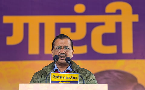 AAP National Convenor Arvind Kejriwal addresses during the release of party's manifesto featuring 15 guarantees ahead of the Delhi Assembly poll, in New Delhi, Monday, Jan. 27, 2025.