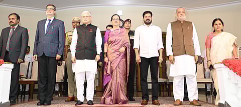 Governor Jishnu Dev varma , CM Revanth reddy along with other guests at Raj Bhavan during the AT HOME on the occassion of Republic day celebrations