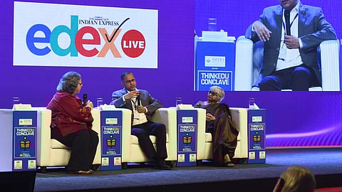 Dr Koushik Sinha Deb, Additional Professor, Department of Psychiatry, AIIMS Delhi, and Dr Pratima Murthy, Director, NIMHANS, in conversation with Kaveree Bamzai (Express Photo | P Jawahar)