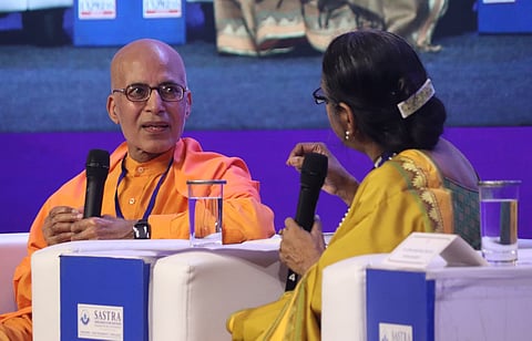 Swami Shailendra Saraswati speaking at the ThinkEdu Conclave 2025 (Photo | Express)