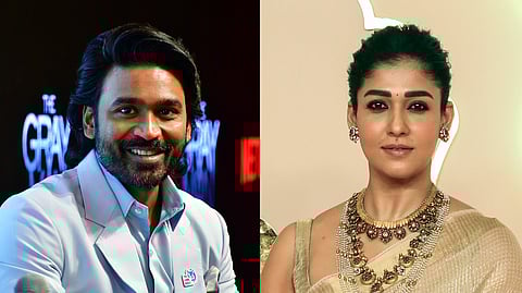 Actor Dhanush (L) filed a suit against actor Nayanthara (R), filmmaker Vignesh Sivan, and Netflix for copyright infringement.