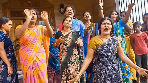 Family members mourn after the Sri Lankan navy arrested 13 fishermen for allegedly crossing the International Maritime Boundary and fishing in the territorial waters of the island nation in Puducherry on Tuesday, Jan. 28, 2025.