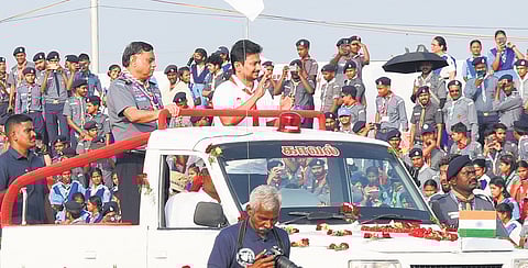 Deputy Chief Minister Udayanidhi Stalin inspecting a parade at the Diamond Jubilee Jamboree of Bharat Scouts and Guides at Manapparai