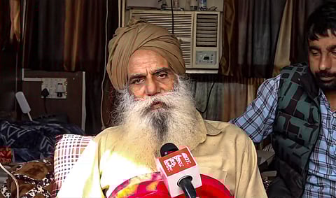 Farmer leader Jagjit Singh Dallewal, who has been on the indefinite hunger strike at the Khanauri border since November 26, speaks with the media, in Sangrur district.