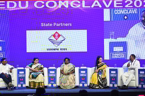 Congress MP Sasikanth Senthil, DMK MP Kanimozhi NVN Somu, BJP leader Tamilisai Soundararajan and AIADMK Deputy Propaganda Secretary Gautami at ThinkEdu 2025 (Photo | Express)