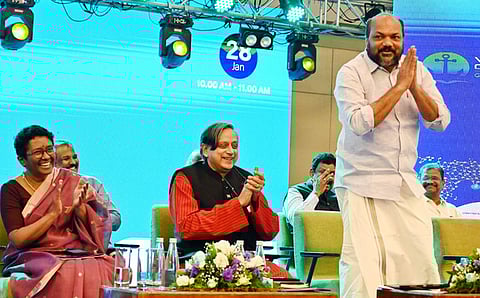 Shashi Tharoor with Kerala Industries Minister P Rajeeve (Photo | Express)