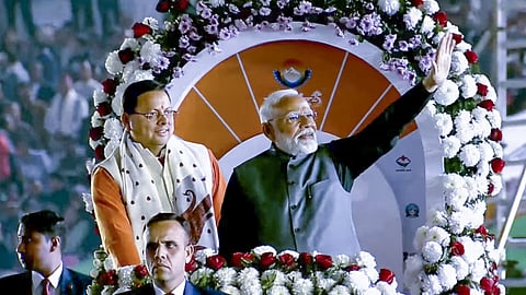 Prime Minister Narendra Modi with Uttarakhand Chief Minister Pushkar Singh Dhami during the opening ceremony of 38th National Games in Dehradun, Uttarakhand.