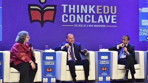 Professor Himanshu Rai (C), Director of IIM Indore, and Dr Suresh Ramanathan (R), Dean & Principal of Great Lakes Institute of Management, speak at TNIE's ThinkEdu Conclave 2025 in Chennai on Tuesday, Jan. 28, 2025.
