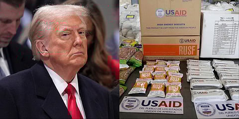 US President Donald Trump (L). USAID humanitarian aid destined for Venezuela is displayed for the media at a warehouse next to the Tienditas International Bridge on the outskirts of Cucuta, Colombia, Feb. 19, 2019 (R).