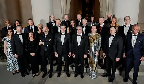 President-elect Donald Trump's Cabinet picks, other nominees and appointments, pose for a photo at the National Gallery of Art in Washington, Saturday, Jan. 18, 2025. First row from left, Elise Stefanik, John Ratcliffe, Lori Chavez-DeRemer, Howard Lutnick, Pete Hegseth, Doug Burgum, Brooke L. Rollins, Marco Rubio and Robert F. Kennedy Jr.; second row from left, Scott Turner, Tulsi Gabbard, Sean Duffy, Linda McMahon, Lee Zeldin, Kristi Noem, Chris Wright, Doug Collins, Kelly Loeffler and Scott Bessent; and third row from left, Stephen Miran, Jamieson Greer, Kevin Hassett, Kash Patel and Russell Vought.