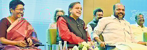 Chief Secretary Sarada Muraleedharan, MP Shashi Tharoor and Industries Minister P Rajeeve at the Vizhinjam Conclave 2025 and Global Investment Summit on Tuesday