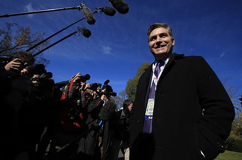 CNN’s Jim Acosta speaks to journalists on the North Lawn upon returning back to the White House in Washington, Friday, Nov. 16, 2018.
