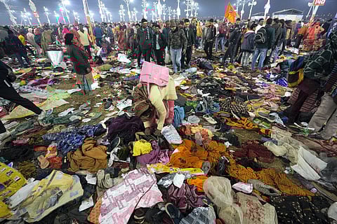 Bags and other belongings lying at the scene after a stampede occurred at Sangam on 'Mauni Amavasya' during the ongoing 'Maha Kumbh Mela' festival, in Prayagraj, Wednesday, Jan. 29, 2025.