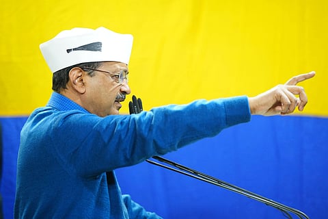 AAP national convener Arvind Kejriwal addresses a public meeting in support of party candidate Gaurav Sharma ahead of the Delhi Assembly elections, in New Delhi.