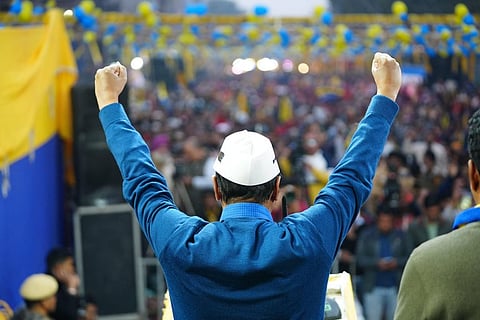 AAP leader Arvind Kejriwal addresses a public event
