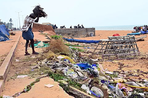 Plastic waste being dumped on the Shangumugham beach in Thiruvananthapuram.
