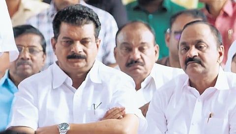 P V Anvar sitting next to Leader of Opposition V D Satheesan during the public meeting held at Edakkara on Thursday as part of the Malayora Samara Yatra