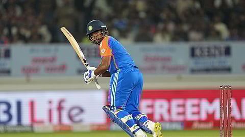 India's Sanju Samson bats during the Twenty20 cricket match between England and India.