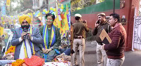 Punjab Chief Minister Bhagwant Mann alongh with Delhi Chief Minister Atishi during a campaign rally at Kalkaji.(L)
Police personnel outside Punjab Chief Minister Bhagwant Mann's Kapurthala House residence, in New Delhi, Thursday, Jan. 30, 2025.(R)