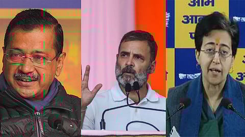 AAP chief Arvind Kejirwal, Congress leader Rahul Gandhi, Delhi CM Atishi