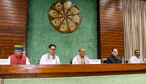 Union Ministers Rajnath Singh, JP Nadda, and Kiren Rijiju with MoS L. Murugan and Arjun Ram Meghwal during an all-party meeting, convened by the government, ahead of the Budget session of Parliament, in New Delhi, Thursday, Jan. 30, 2025.